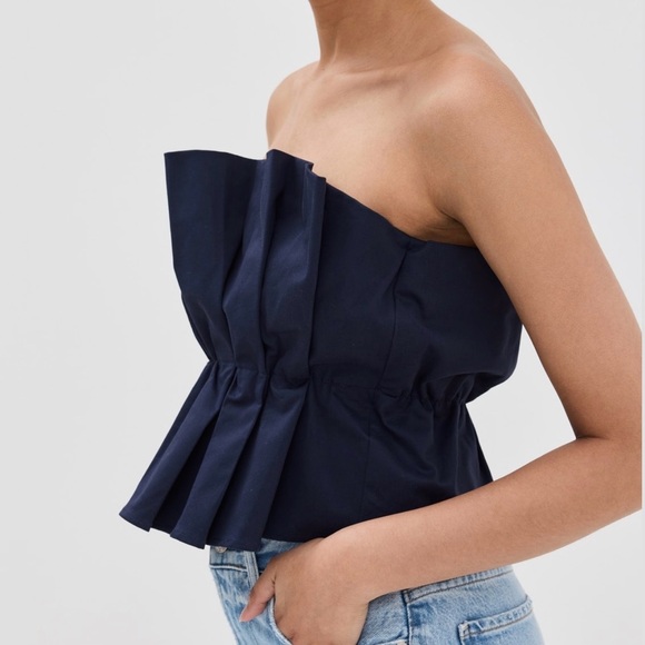 STAUD Navy Strapless ruffle tube Top navy blue XS extra small NWT NEW TAGS - Picture 2 of 8